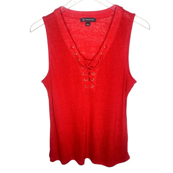INC International Concepts Red Linen V-Neck Lace Up Sleeveless Tank Top Sz Large - Picture 2 of 8